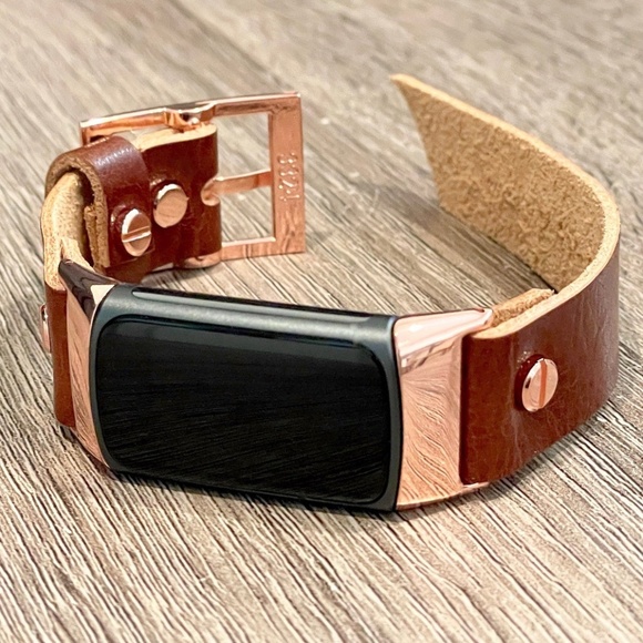 Brown Grain Leather Strap Fitbit Charge 5 Band Rose Gold Jewelry Women Bracelet - Picture 1 of 8